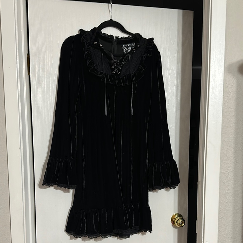 Killstar L Black Velvet Dress with Ruffle Details